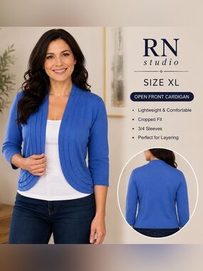 RN Blue Open Front Cropped Cardigan Cottagecore  Sweater Size XL